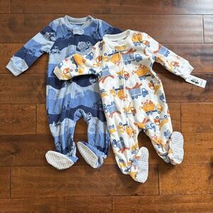 Carter's Boys 12 Month Fleece Pajamas Lot of 2 Footies Trucks Cozy Soft NEW
